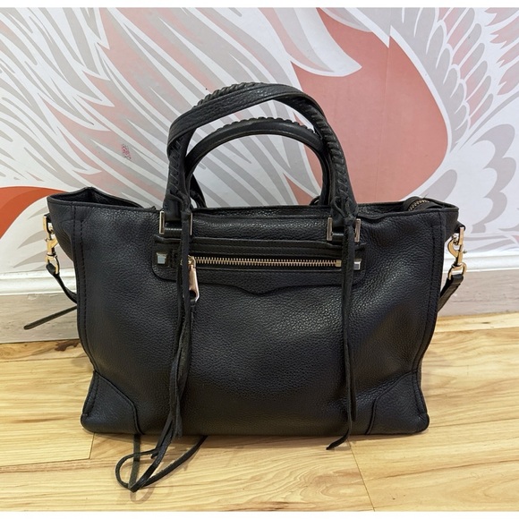 Rebecca Minkoff Black Textured Grain Leather Regan Satchel Shoulder Fringes Bag​ - Picture 2 of 12